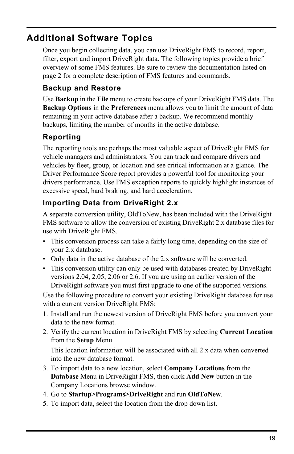 Additional software topics, Backup and restore, Reporting | Importing data from driveright 2.x | DAVIS FMS DriveRight Getting Started Guide (8186) User Manual | Page 23 / 24