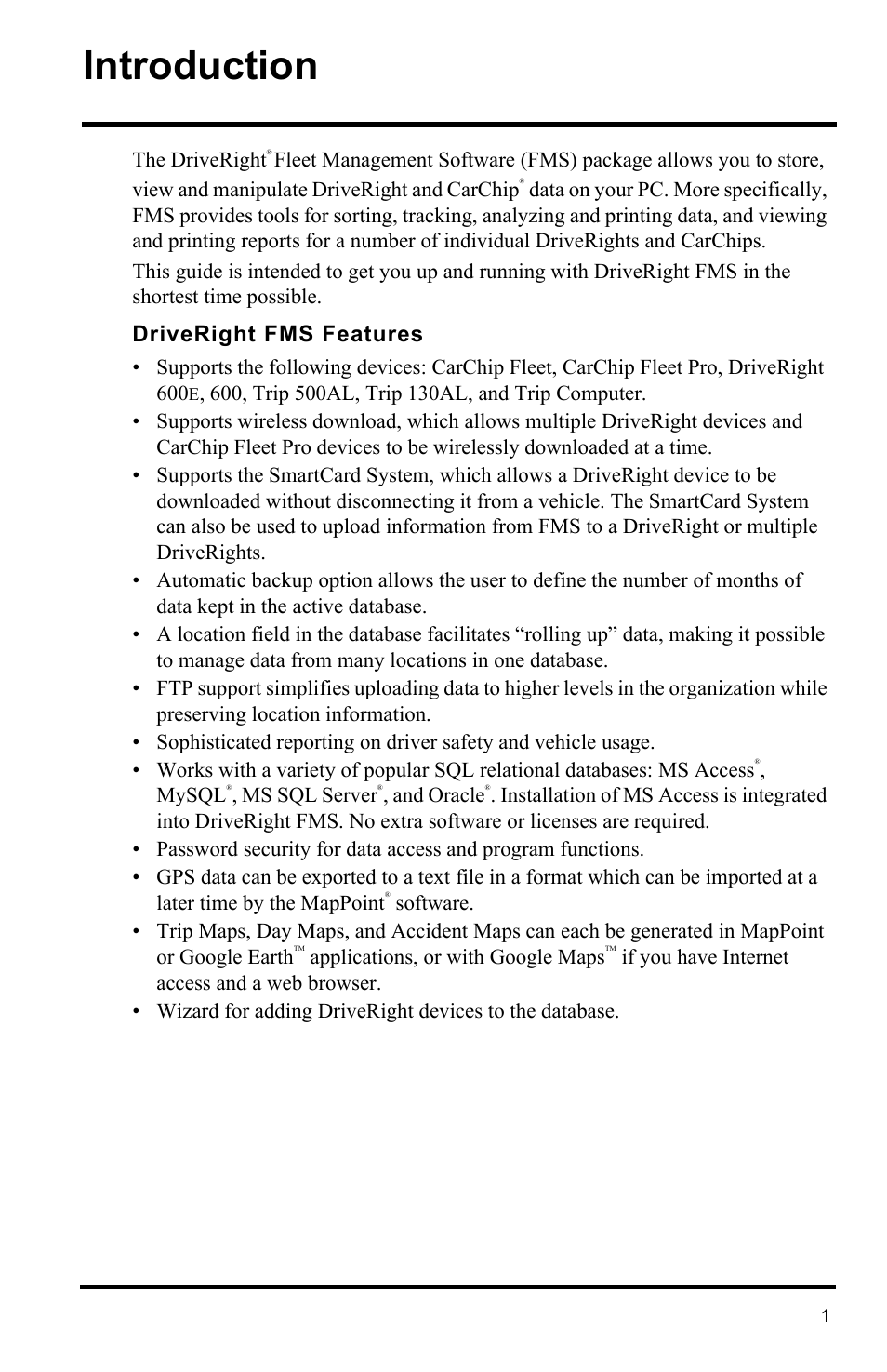 Introduction, Driveright fms features | DAVIS FMS DriveRight Getting Started Guide (8186) User Manual | Page 5 / 24