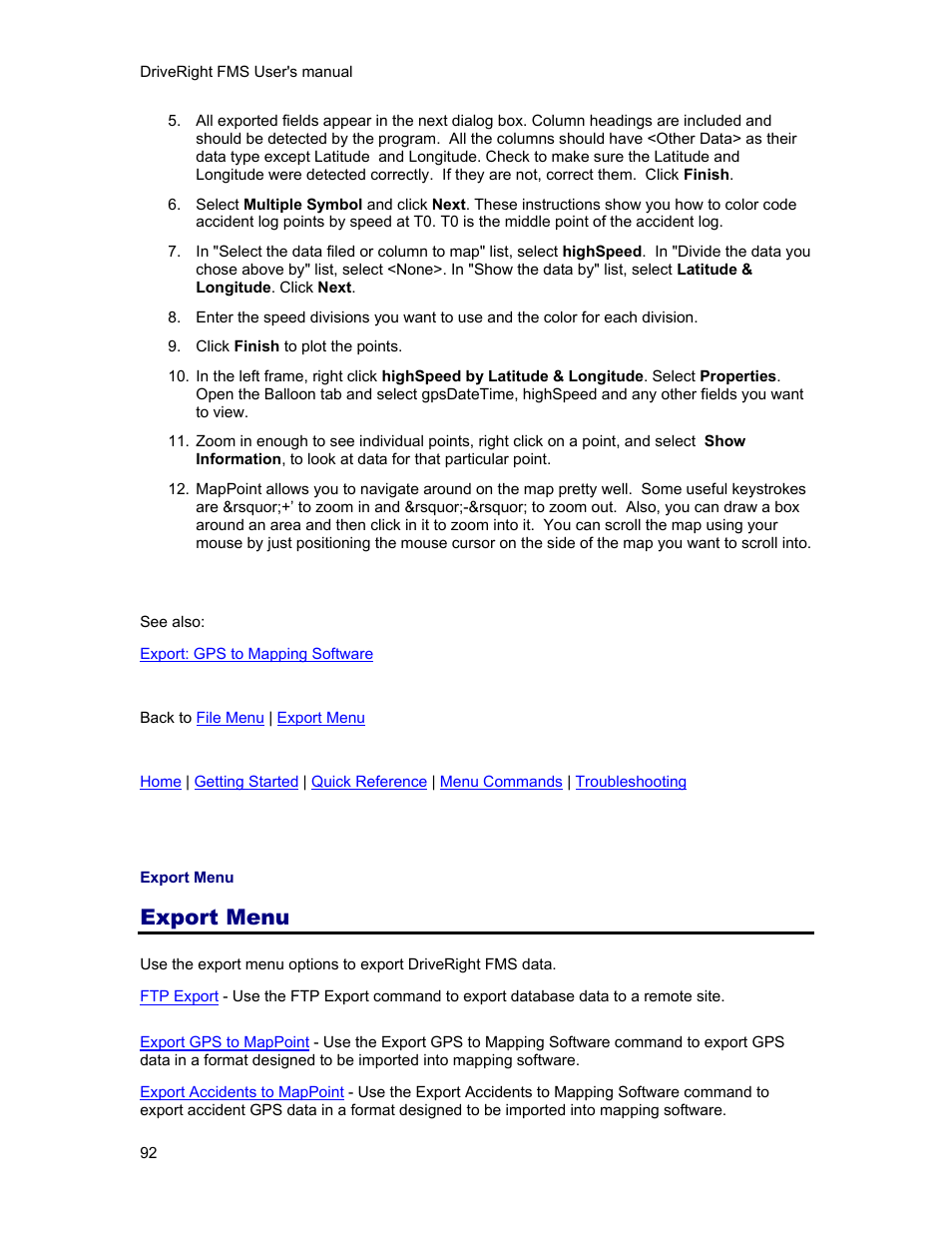 Export menu | DAVIS FMS 3.9.3 DriveRight (8186) User Manual | Page 104 / 286