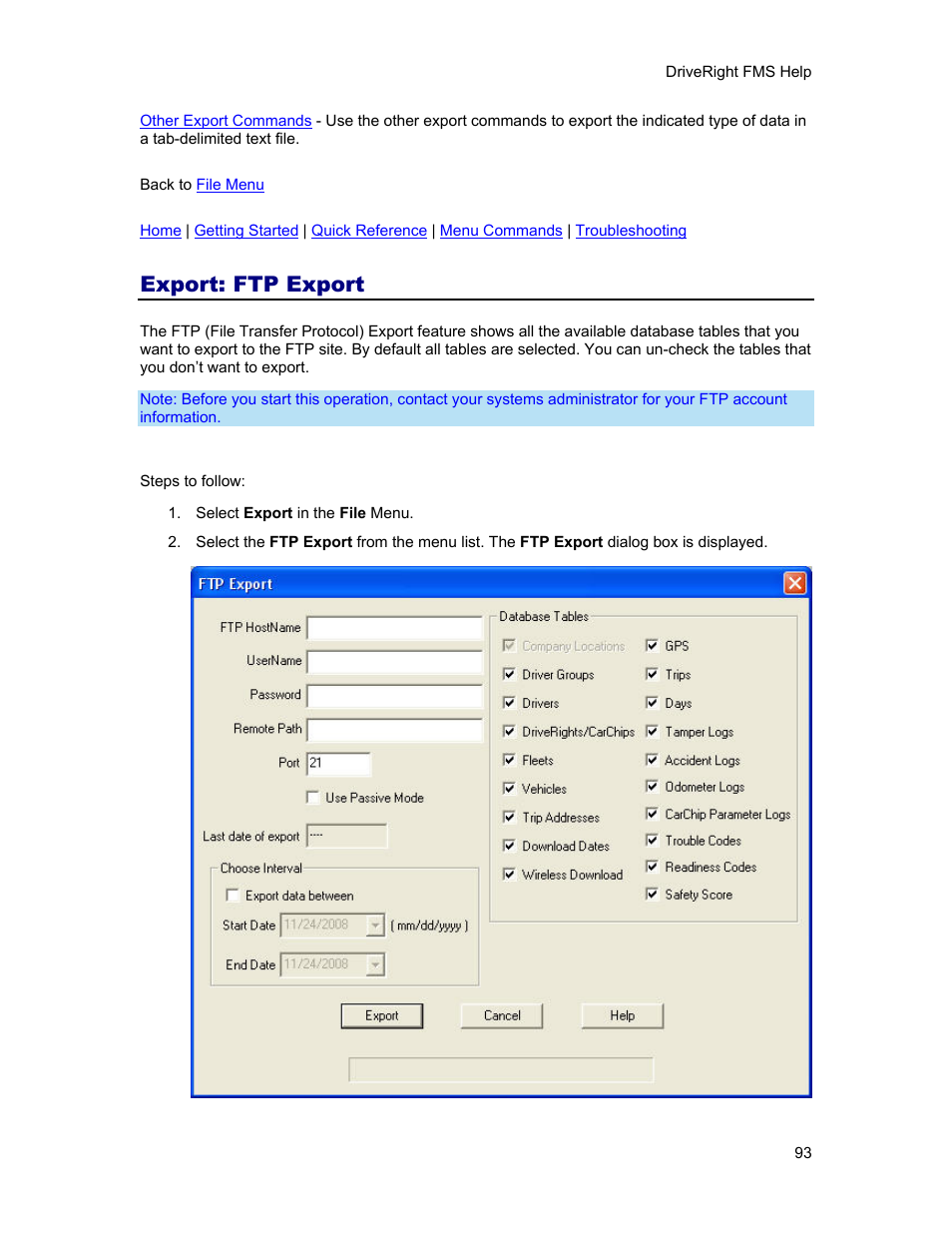 Export: ftp export, Ftp export | DAVIS FMS 3.9.3 DriveRight (8186) User Manual | Page 105 / 286
