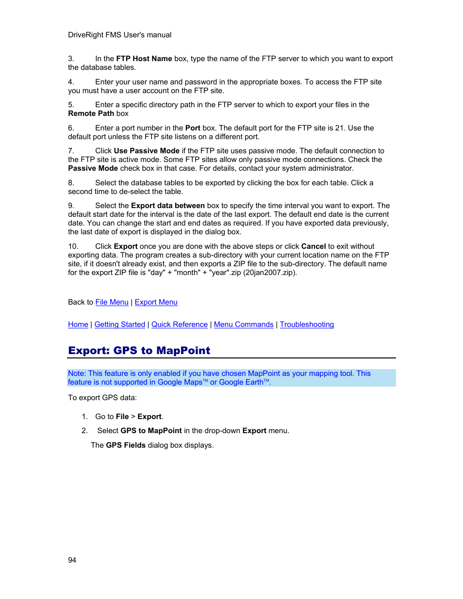 Export: gps to mappoint | DAVIS FMS 3.9.3 DriveRight (8186) User Manual | Page 106 / 286