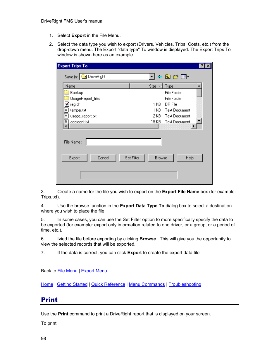 Print | DAVIS FMS 3.9.3 DriveRight (8186) User Manual | Page 110 / 286