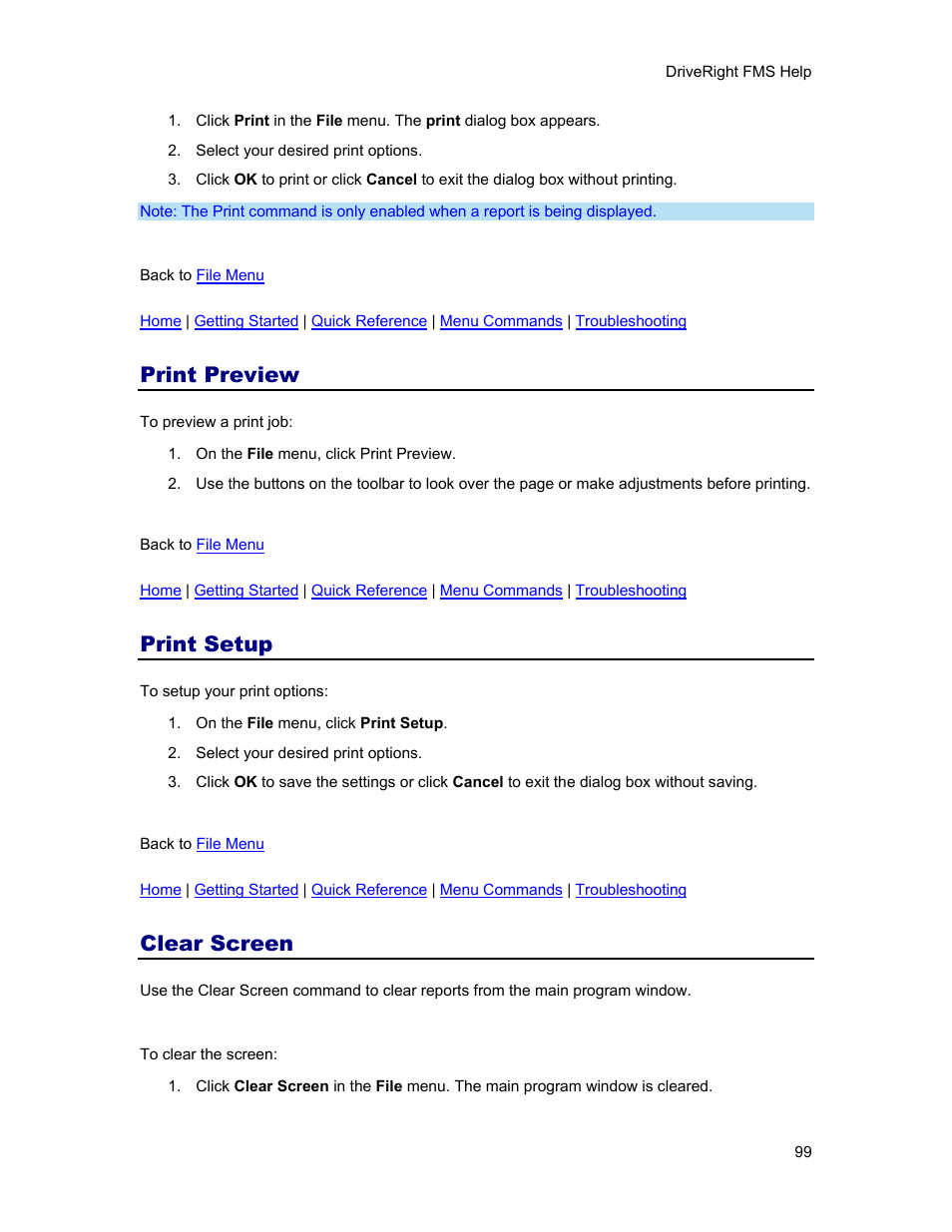 Print preview, Print setup, Clear screen | DAVIS FMS 3.9.3 DriveRight (8186) User Manual | Page 111 / 286