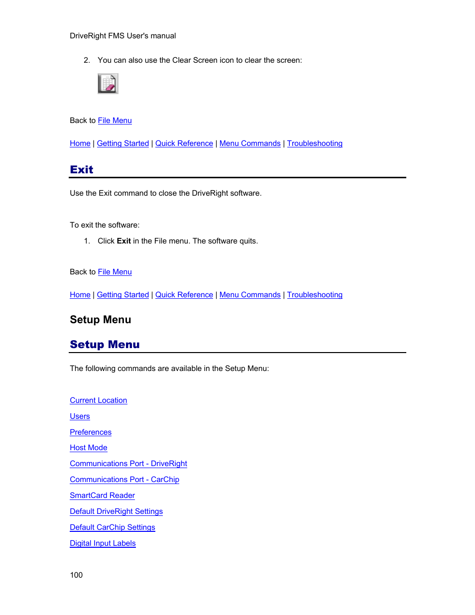 Exit, Setup menu | DAVIS FMS 3.9.3 DriveRight (8186) User Manual | Page 112 / 286
