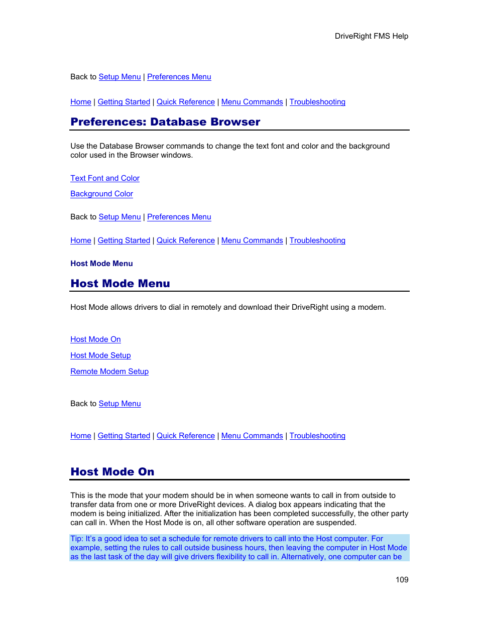 Preferences: database browser, Host mode menu, Host mode on | Host mode, Database browser | DAVIS FMS 3.9.3 DriveRight (8186) User Manual | Page 121 / 286
