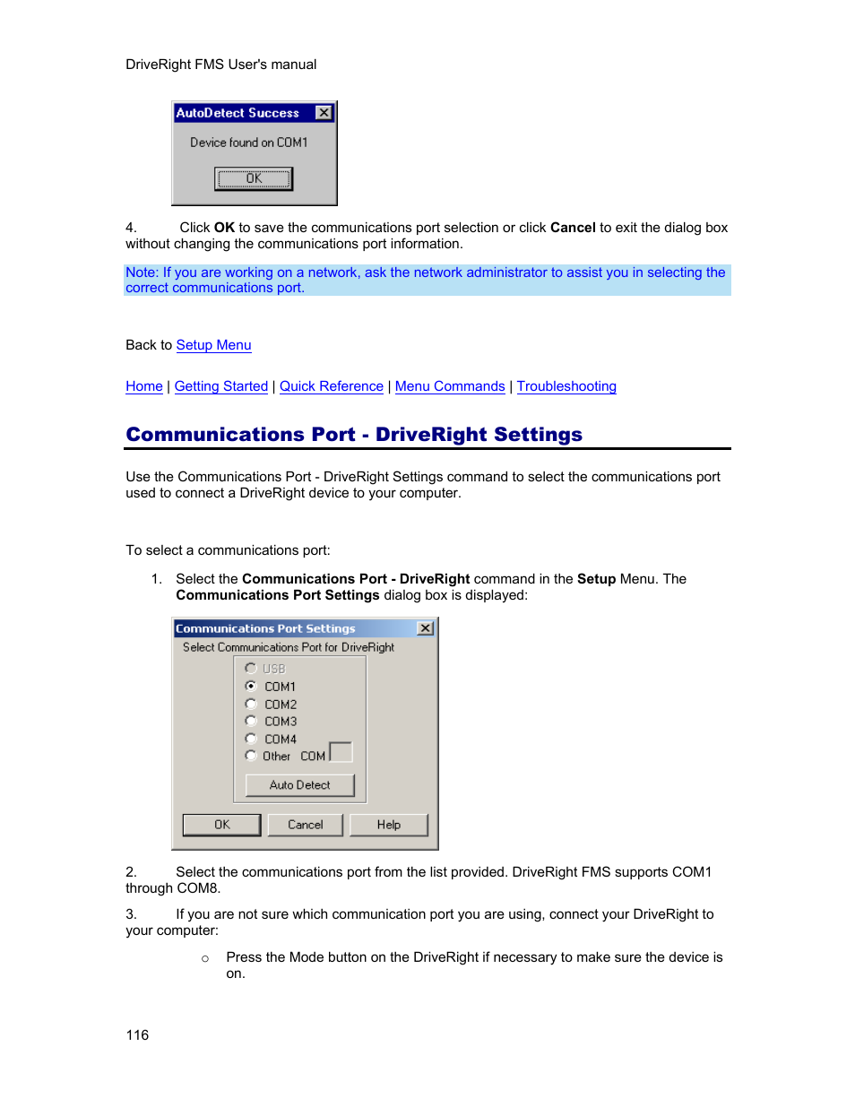 Communications port - driveright settings, Communication port, Communications port - driveright | DAVIS FMS 3.9.3 DriveRight (8186) User Manual | Page 128 / 286