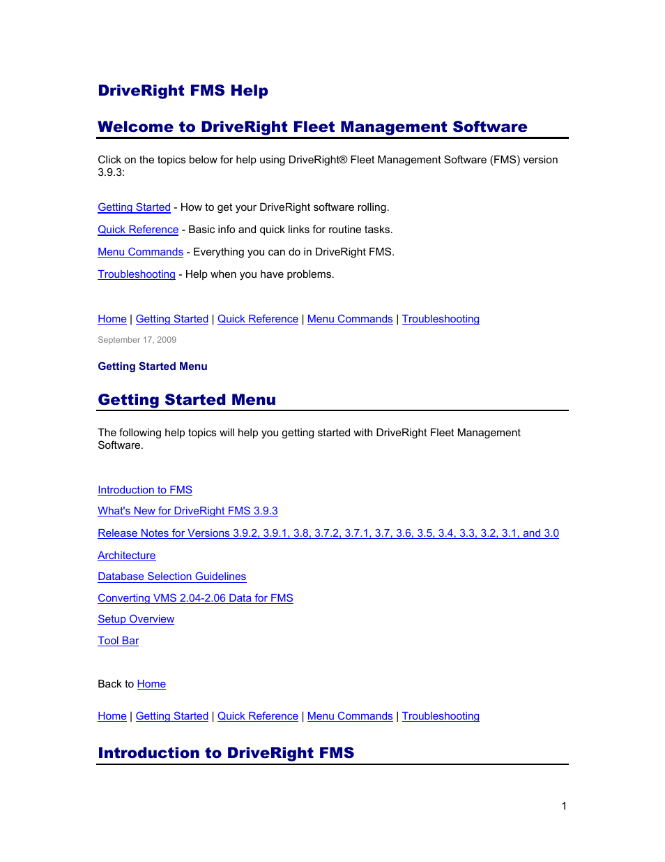 Driveright fms help, Welcome to driveright fleet management software, Getting started menu | Introduction to driveright fms | DAVIS FMS 3.9.3 DriveRight (8186) User Manual | Page 13 / 286