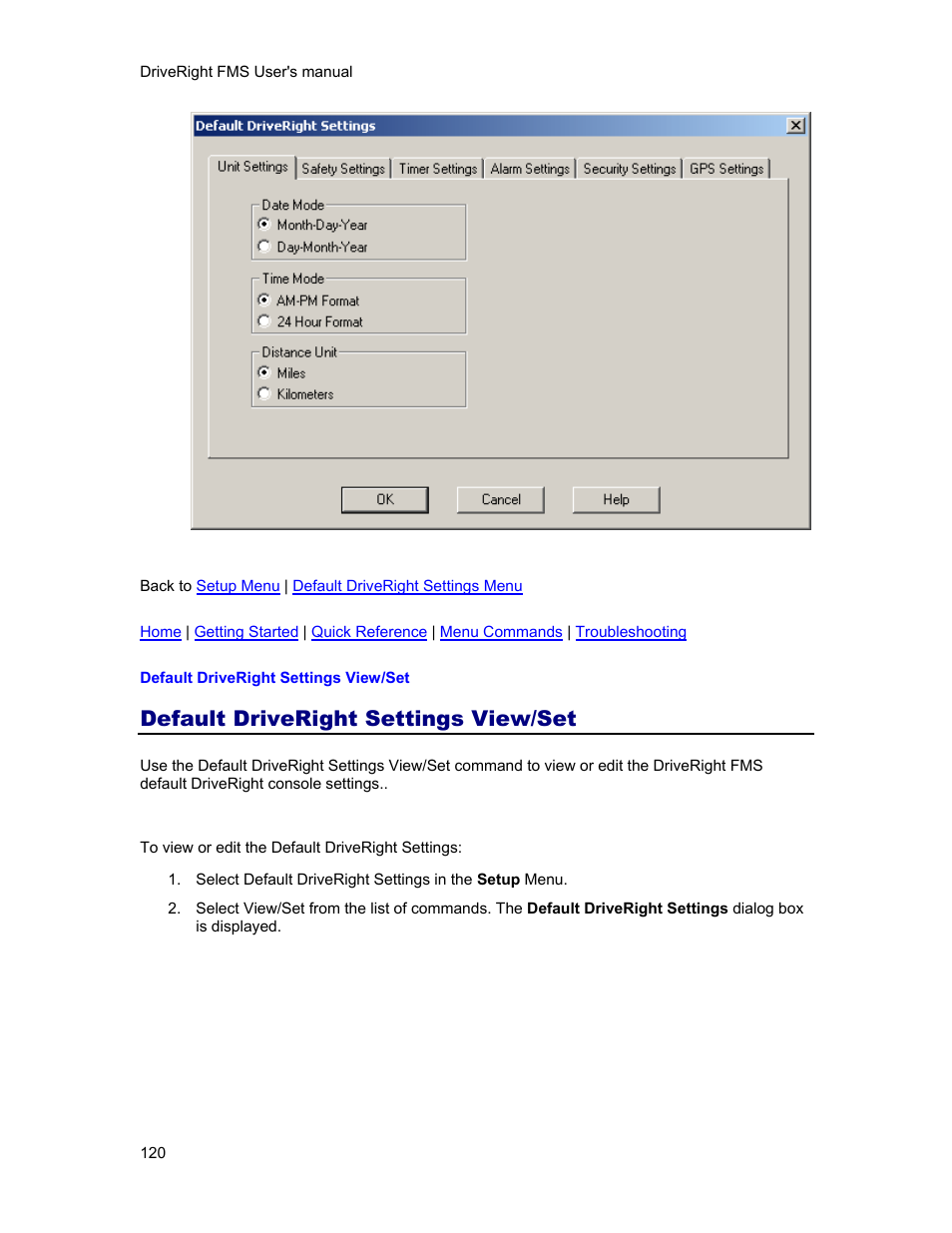 Default driveright settings view/set, Default driveright settings, Dialog box. the di | View/set | DAVIS FMS 3.9.3 DriveRight (8186) User Manual | Page 132 / 286