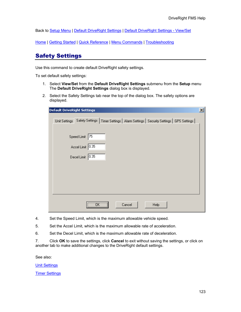 Safety settings | DAVIS FMS 3.9.3 DriveRight (8186) User Manual | Page 135 / 286