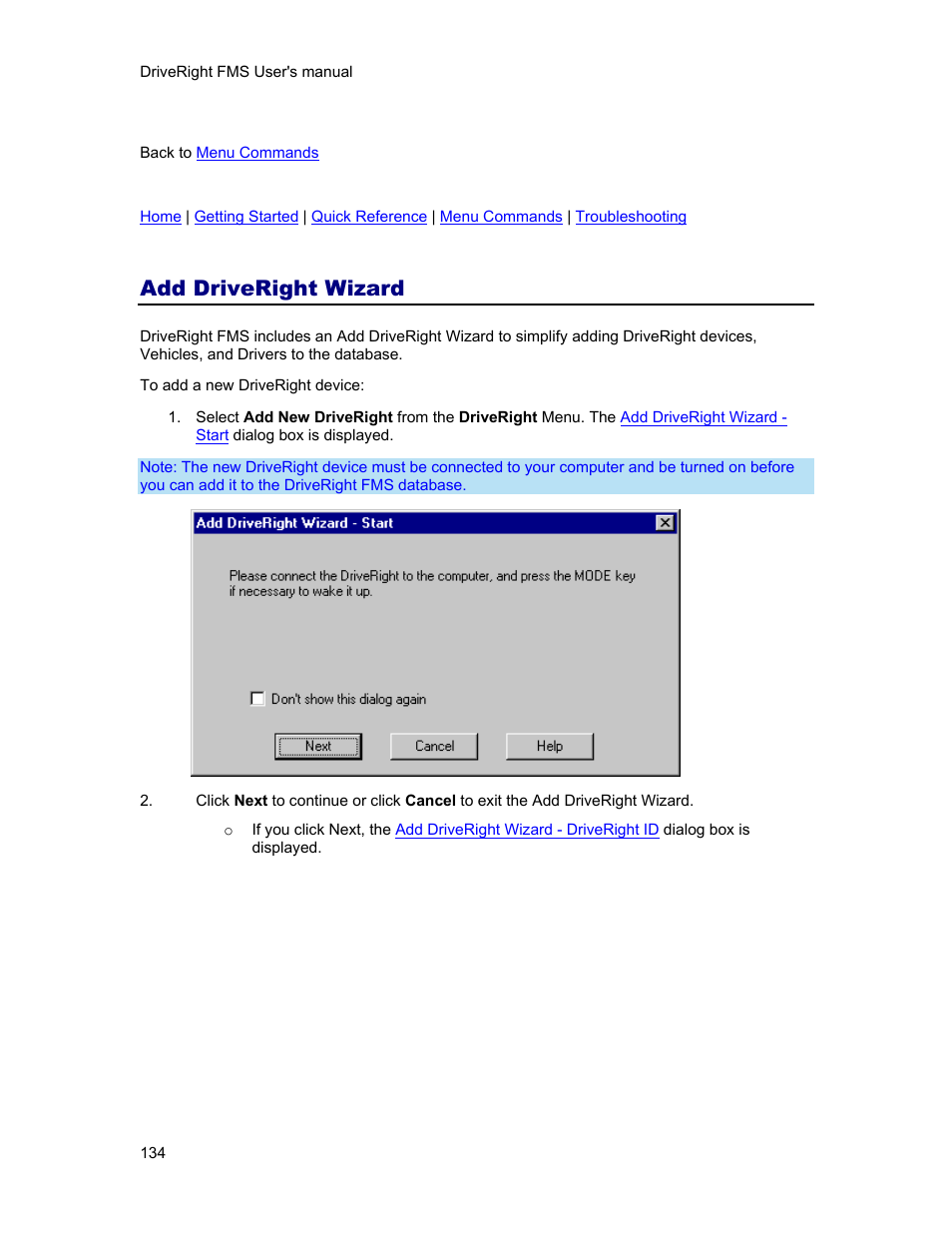 Add driveright wizard, Add new driveright wizard, Add new driveright | Command opens a wi, Add the driveright | DAVIS FMS 3.9.3 DriveRight (8186) User Manual | Page 146 / 286