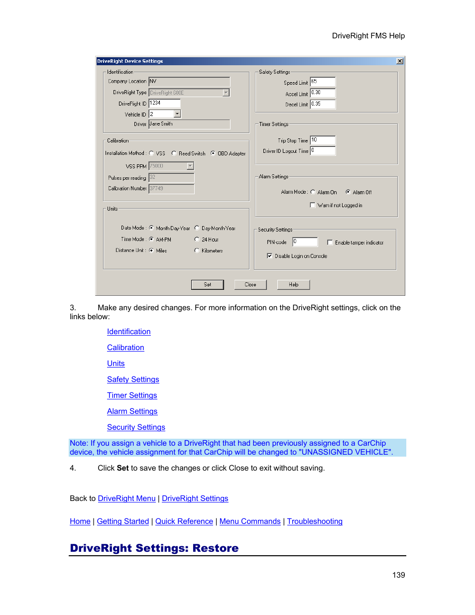 Driveright settings: restore, Restore | DAVIS FMS 3.9.3 DriveRight (8186) User Manual | Page 151 / 286