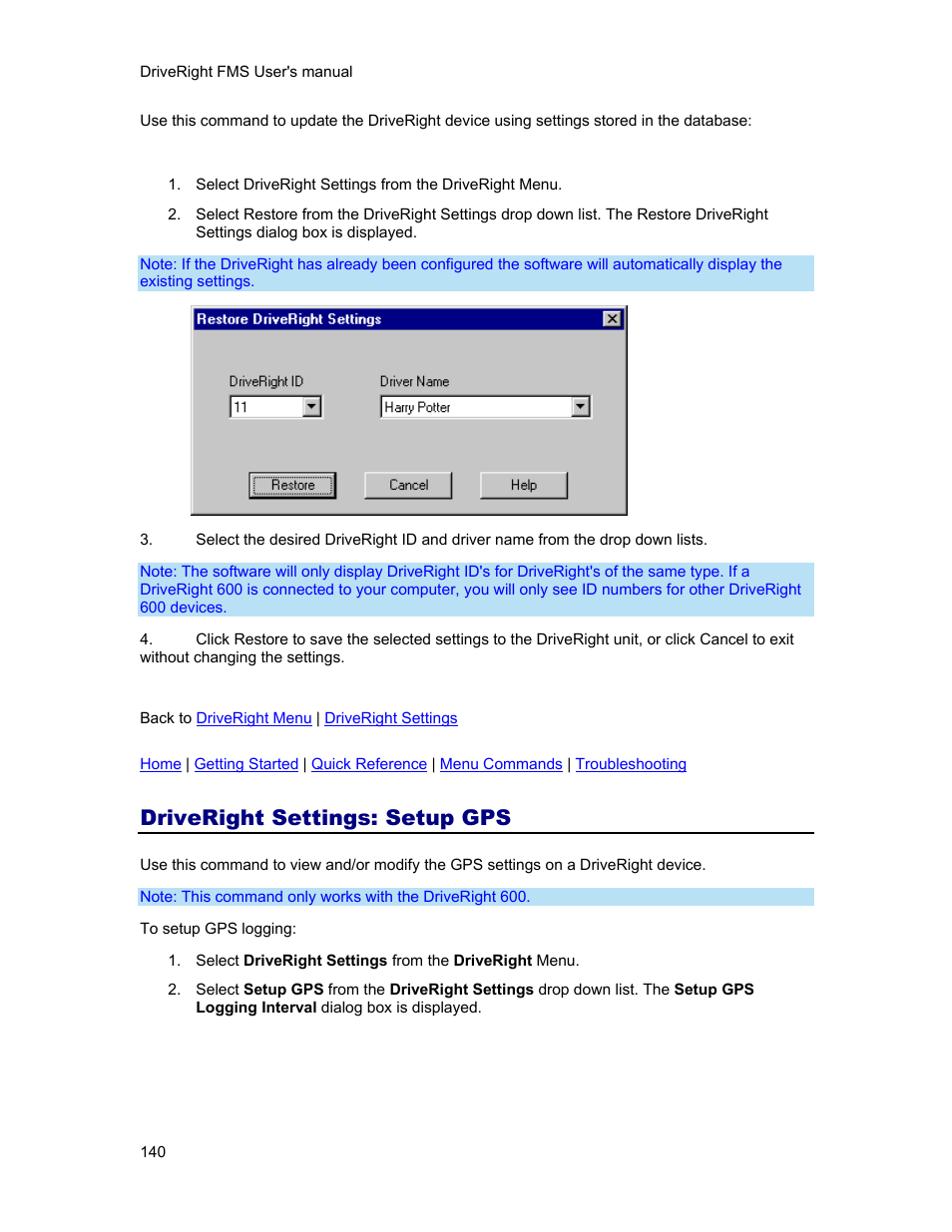 Driveright settings: setup gps | DAVIS FMS 3.9.3 DriveRight (8186) User Manual | Page 152 / 286