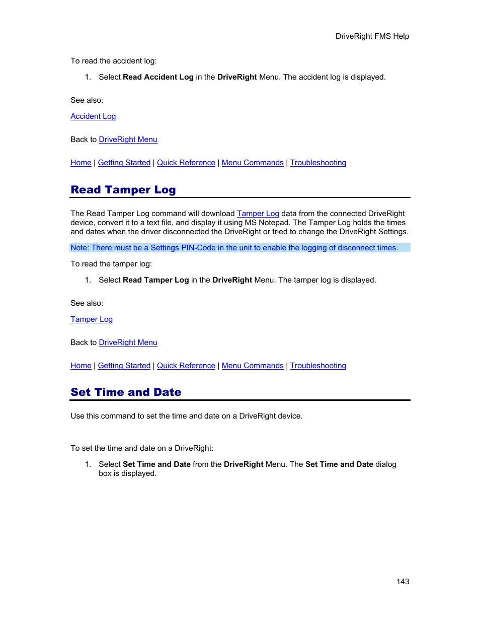 Read tamper log, Set time and date | DAVIS FMS 3.9.3 DriveRight (8186) User Manual | Page 155 / 286