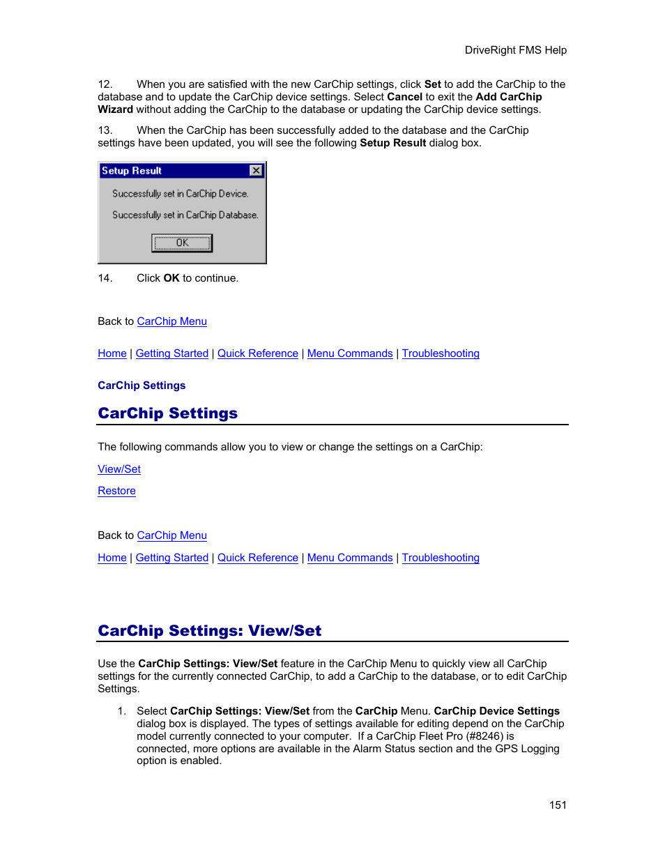 Carchip settings, Carchip settings: view/set, View/set | DAVIS FMS 3.9.3 DriveRight (8186) User Manual | Page 163 / 286