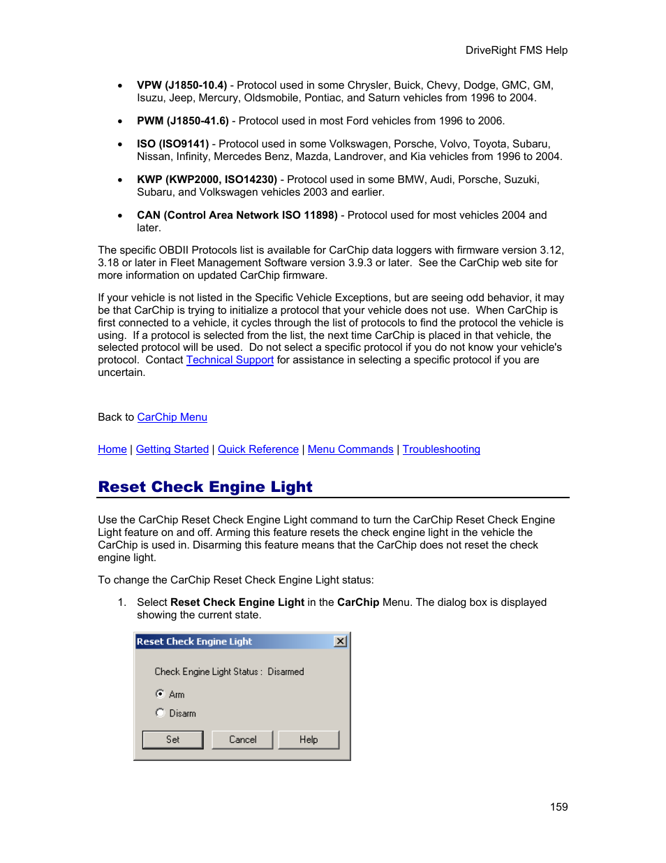 Reset check engine light | DAVIS FMS 3.9.3 DriveRight (8186) User Manual | Page 171 / 286
