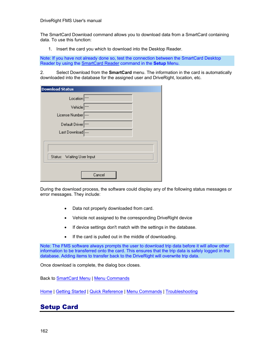 Setup card, Allows you to, Smartcard setup card | DAVIS FMS 3.9.3 DriveRight (8186) User Manual | Page 174 / 286