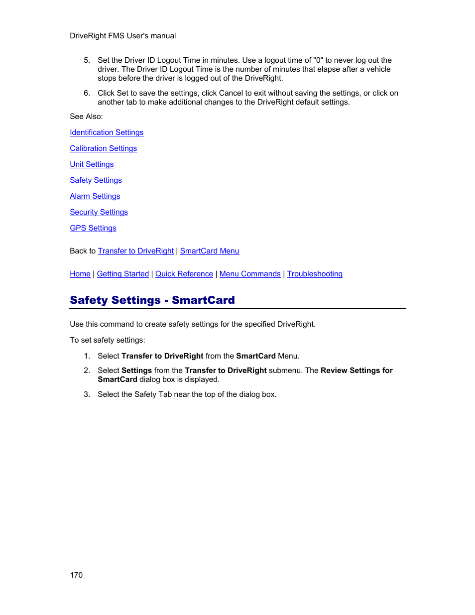 Safety settings - smartcard, Safety settings | DAVIS FMS 3.9.3 DriveRight (8186) User Manual | Page 182 / 286