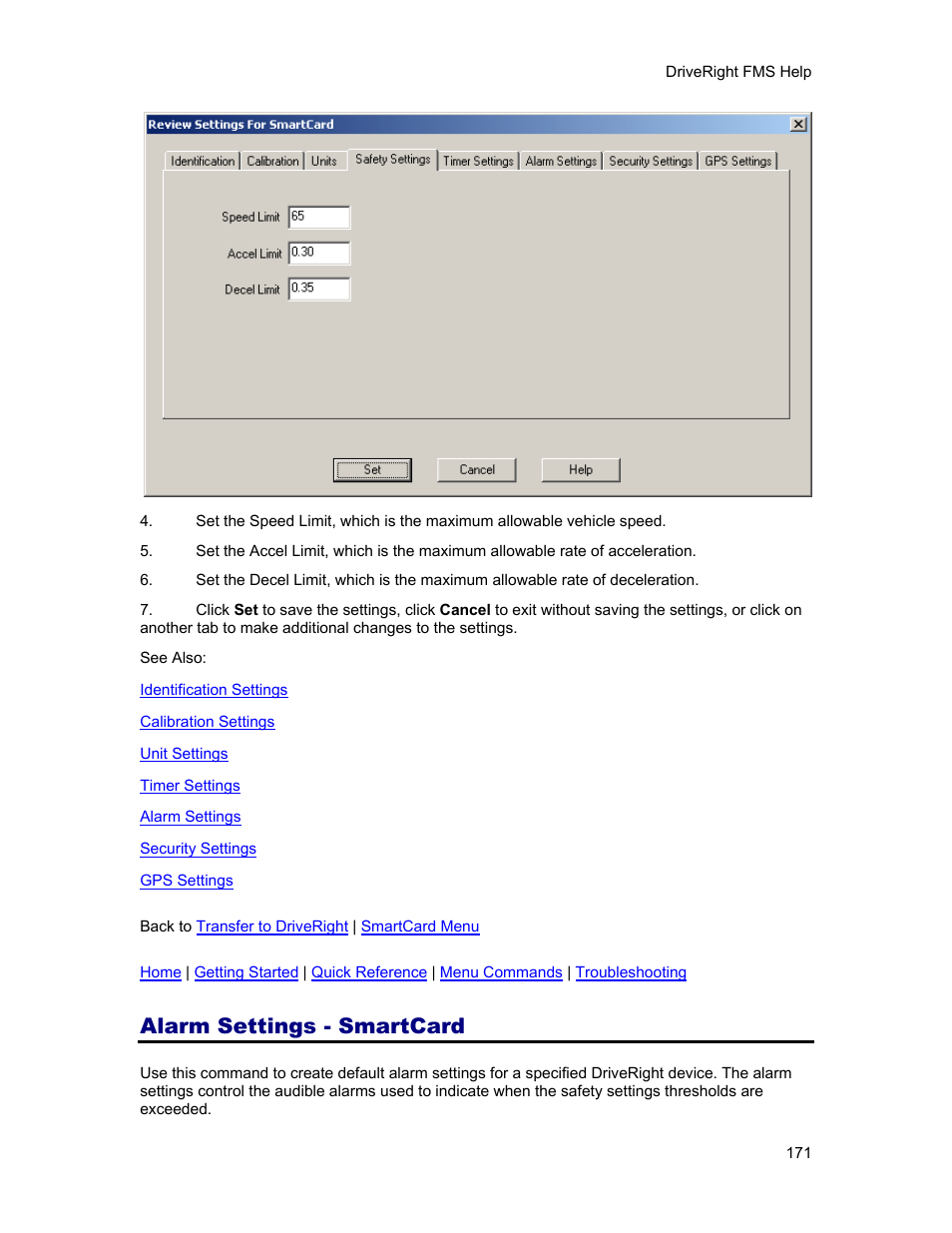 Alarm settings - smartcard, Alarm settings | DAVIS FMS 3.9.3 DriveRight (8186) User Manual | Page 183 / 286