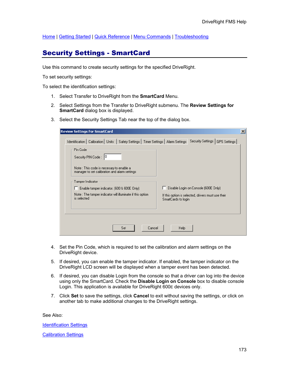 Security settings - smartcard, Security settings | DAVIS FMS 3.9.3 DriveRight (8186) User Manual | Page 185 / 286