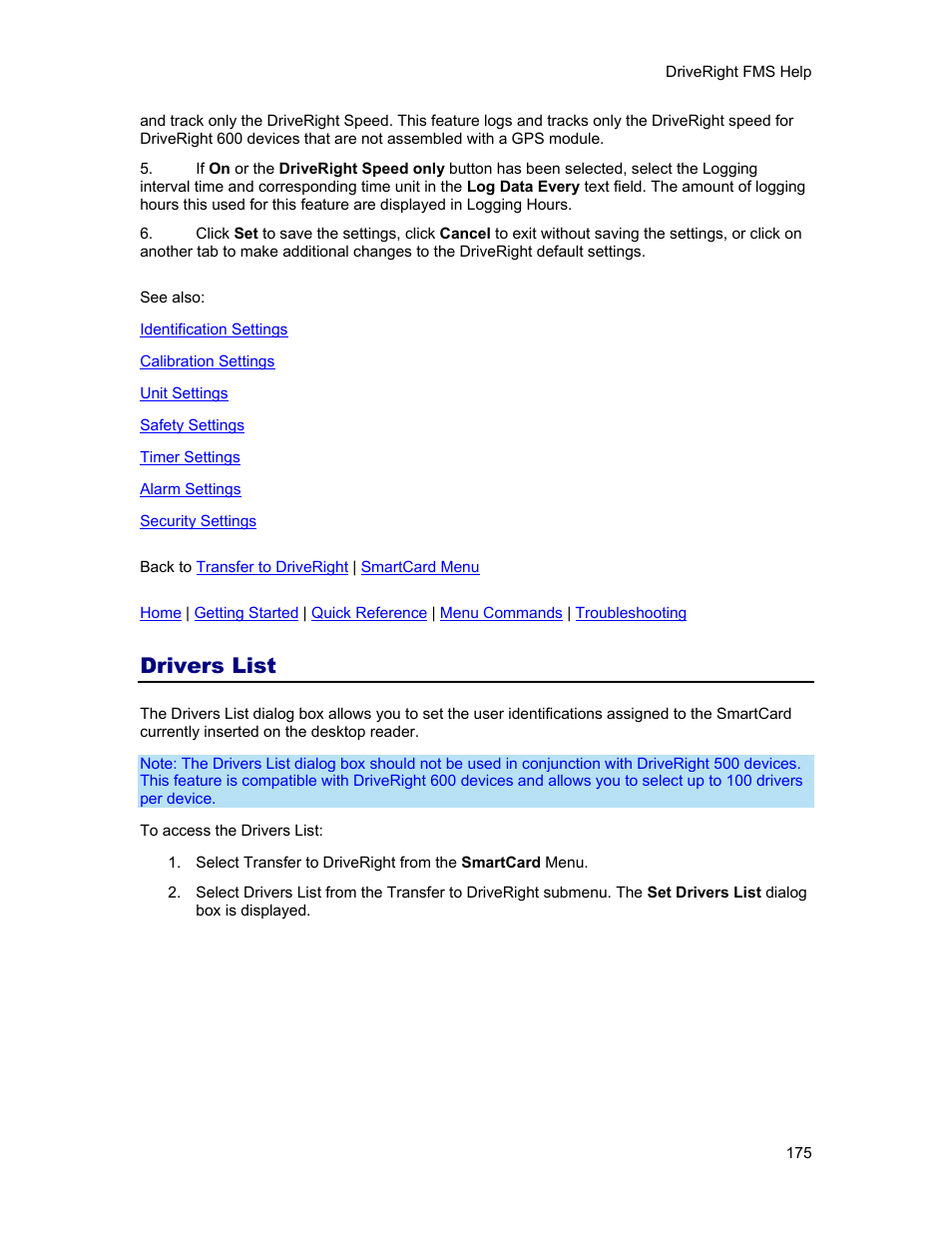 Drivers list, Driver list | DAVIS FMS 3.9.3 DriveRight (8186) User Manual | Page 187 / 286