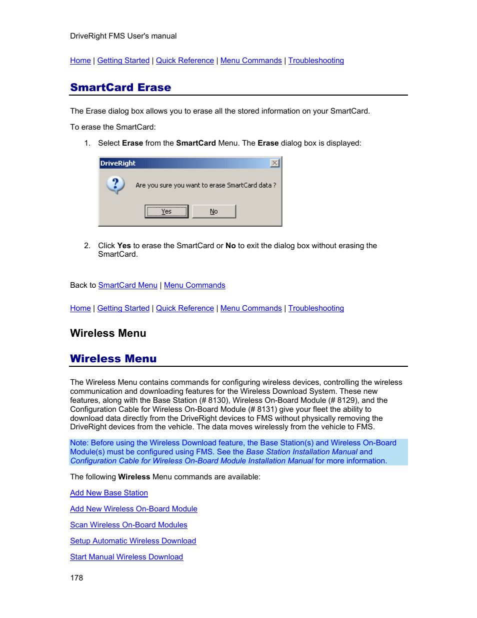 Smartcard erase, Wireless menu, N via the optional | Wireless, Erase, Wireless devices | DAVIS FMS 3.9.3 DriveRight (8186) User Manual | Page 190 / 286