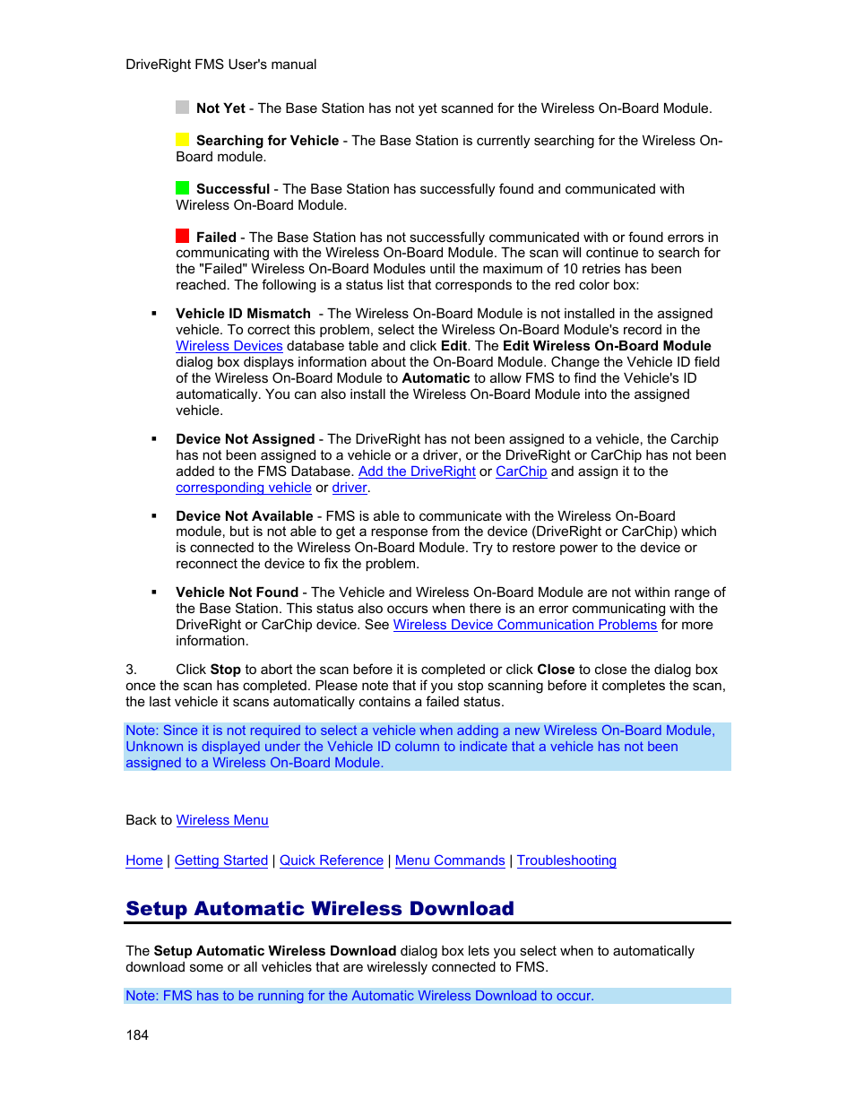 Setup automatic wireless download, Cted, or an, Automatic wireless | Download, Has occurred, the correct vehicle id w, Automatic wireless download, Ccurs in the setup automatic wireless download | DAVIS FMS 3.9.3 DriveRight (8186) User Manual | Page 196 / 286