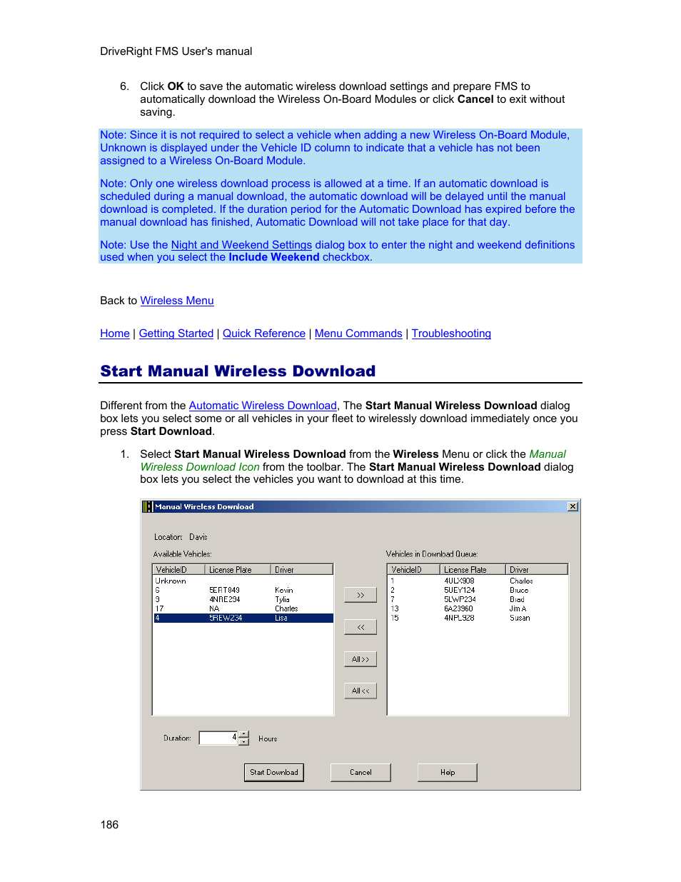 Start manual wireless download, Manual wireless download | DAVIS FMS 3.9.3 DriveRight (8186) User Manual | Page 198 / 286