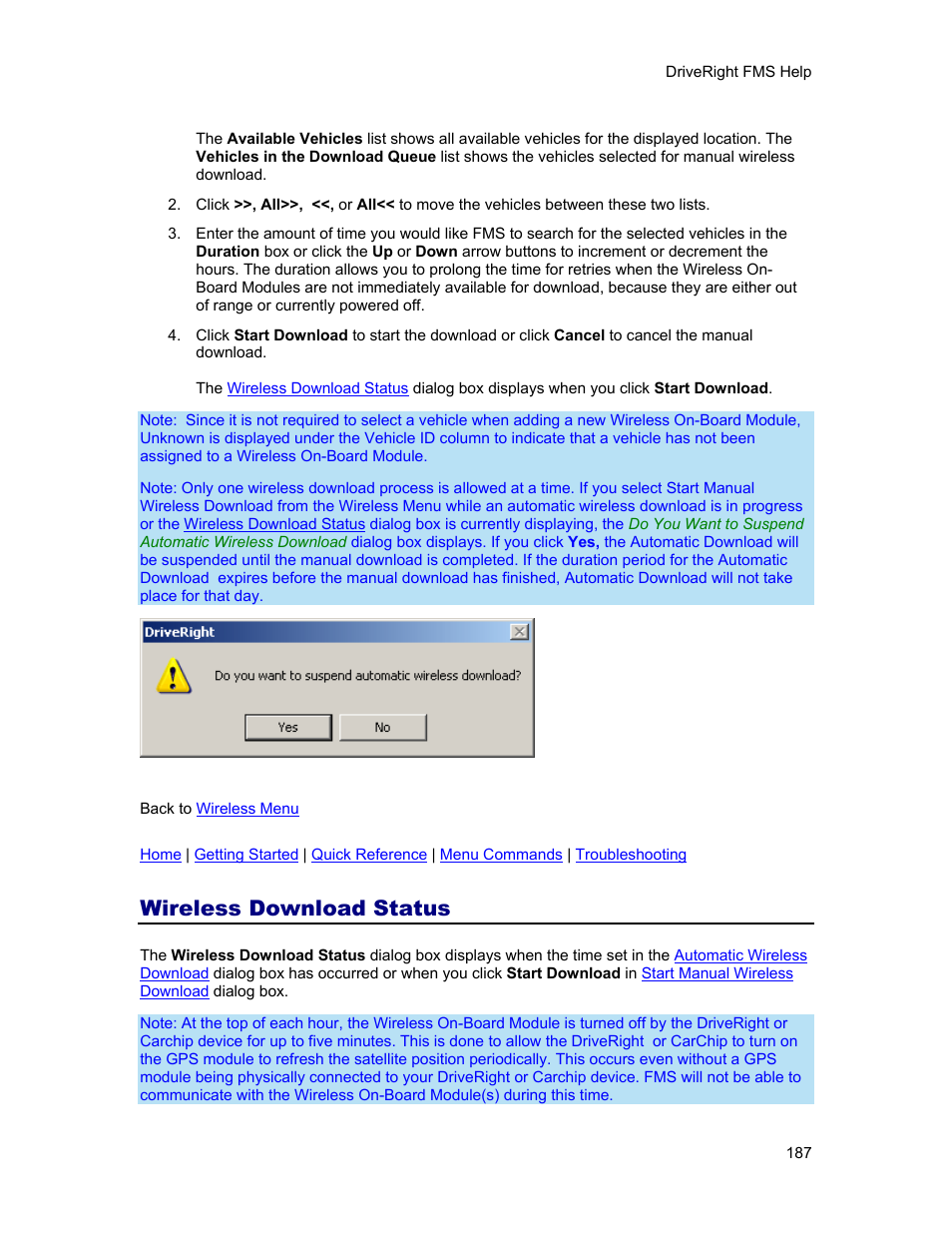 Wireless download status, Dialog b, Or the wireless download status | DAVIS FMS 3.9.3 DriveRight (8186) User Manual | Page 199 / 286