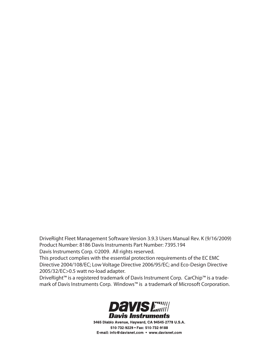 Fmsonlinehelp393_revk_insidecover | DAVIS FMS 3.9.3 DriveRight (8186) User Manual | Page 2 / 286