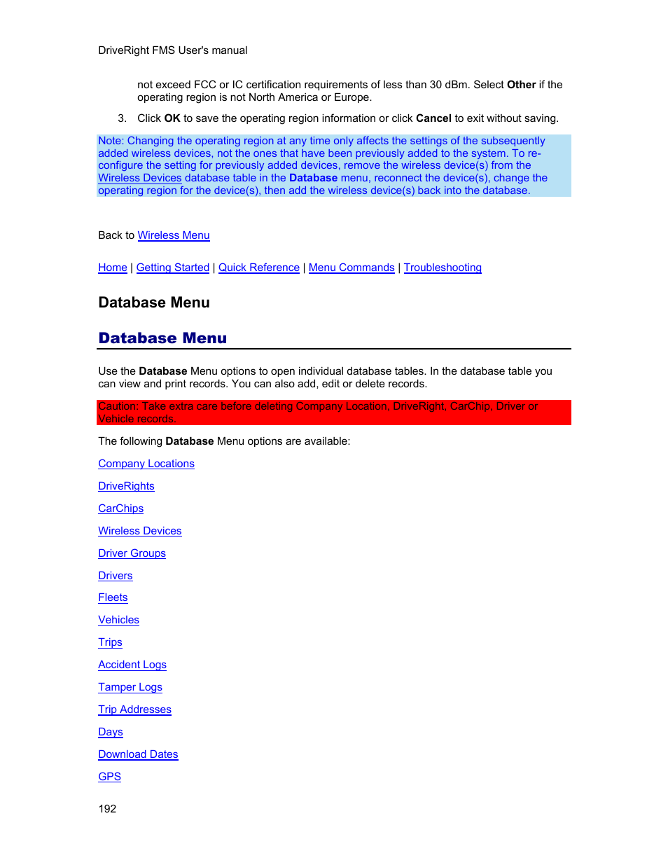 Database menu | DAVIS FMS 3.9.3 DriveRight (8186) User Manual | Page 204 / 286