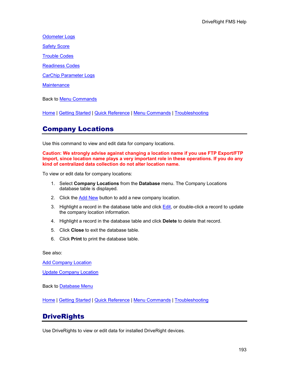 Company locations, Driverights, Driveright | DAVIS FMS 3.9.3 DriveRight (8186) User Manual | Page 205 / 286