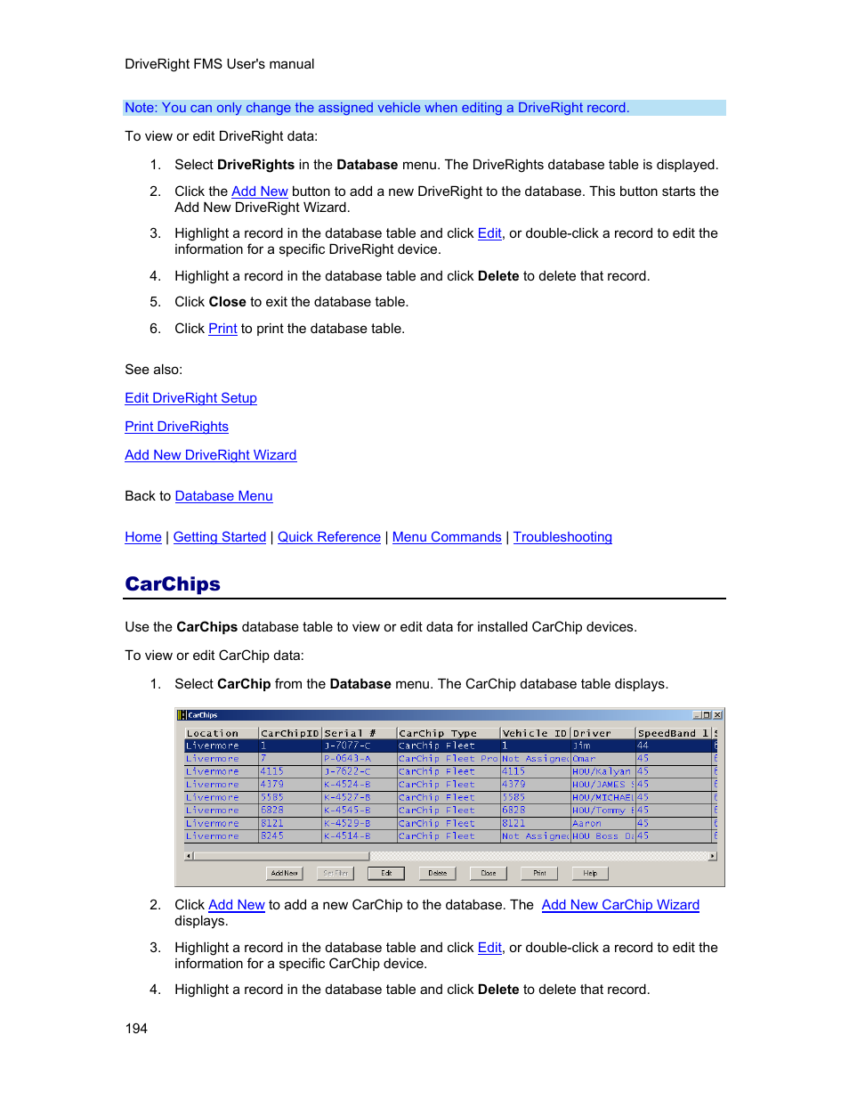 Carchips, Carchip, Databa | View carchip database, Browse carchips | DAVIS FMS 3.9.3 DriveRight (8186) User Manual | Page 206 / 286