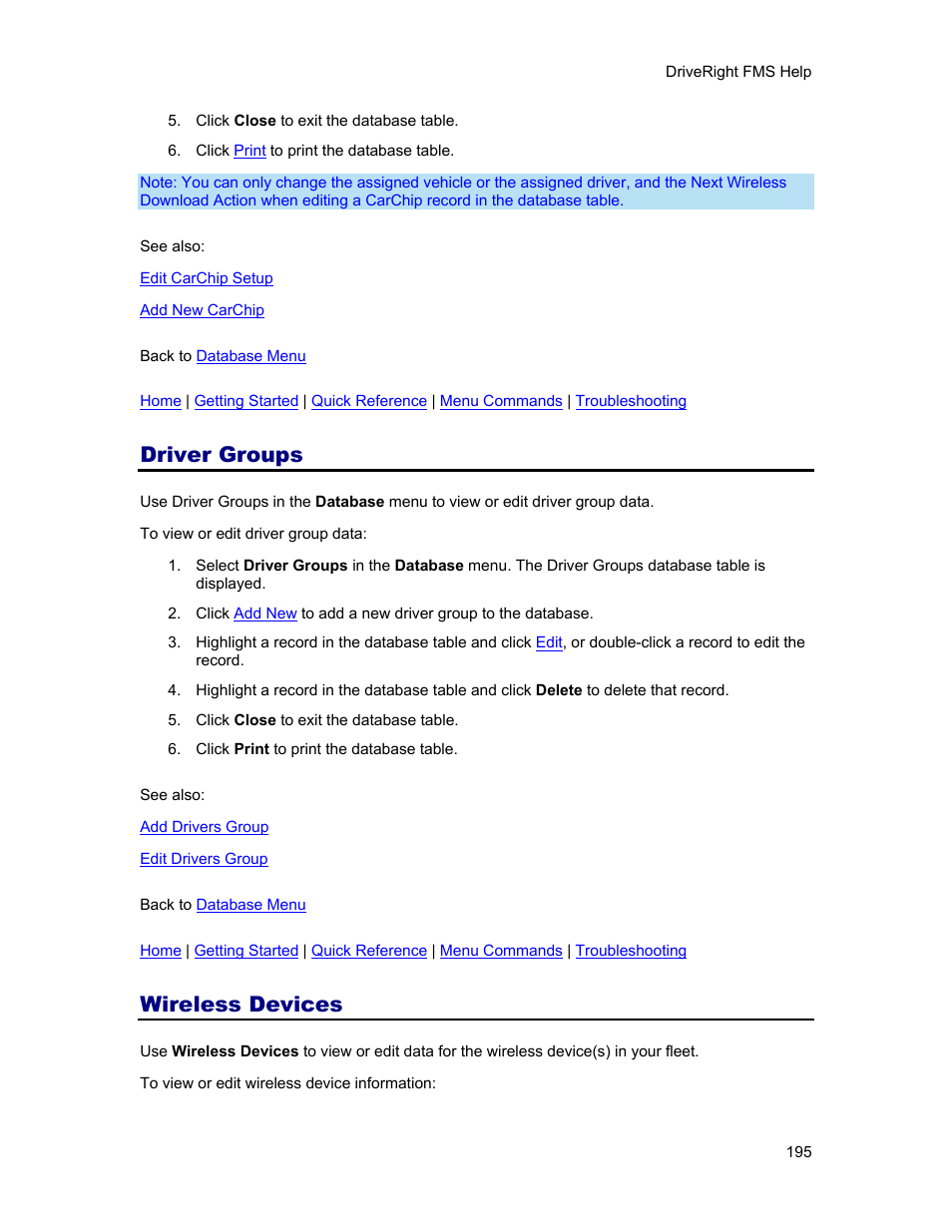 Driver groups, Wireless devices, Database | Wireless download, Wireless devices database | DAVIS FMS 3.9.3 DriveRight (8186) User Manual | Page 207 / 286