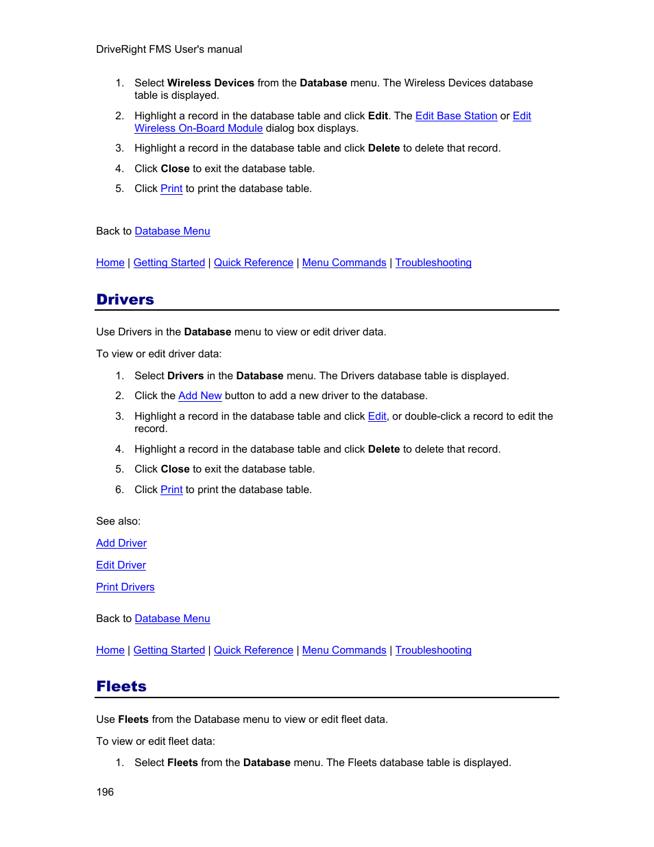 Drivers, Fleets, View drivers database | Rchip to a driver, the, Drivers database table, Is displ | DAVIS FMS 3.9.3 DriveRight (8186) User Manual | Page 208 / 286