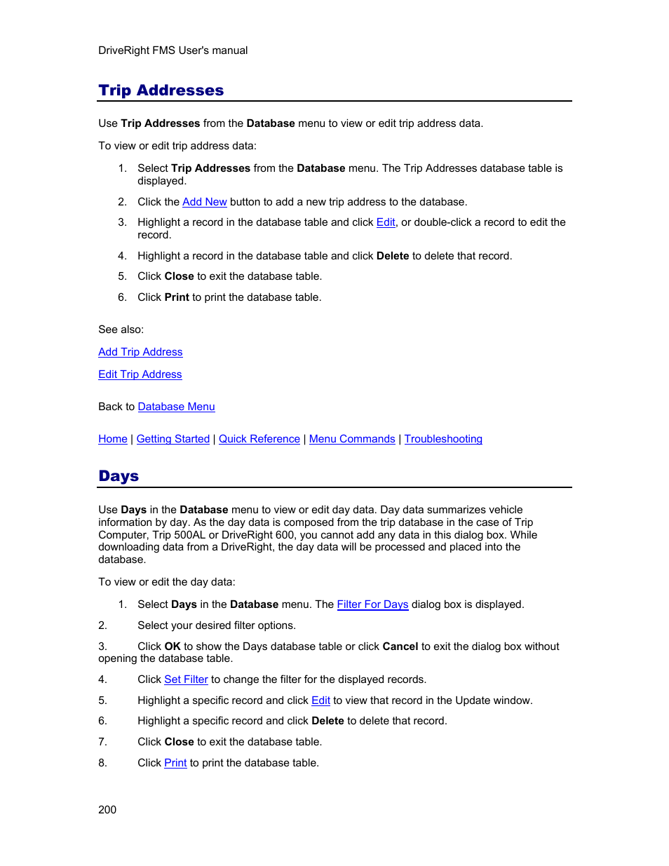 Trip addresses, Days | DAVIS FMS 3.9.3 DriveRight (8186) User Manual | Page 212 / 286