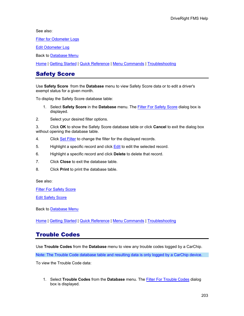 Safety score, Trouble codes, Trouble code | Database, Trouble code database | DAVIS FMS 3.9.3 DriveRight (8186) User Manual | Page 215 / 286