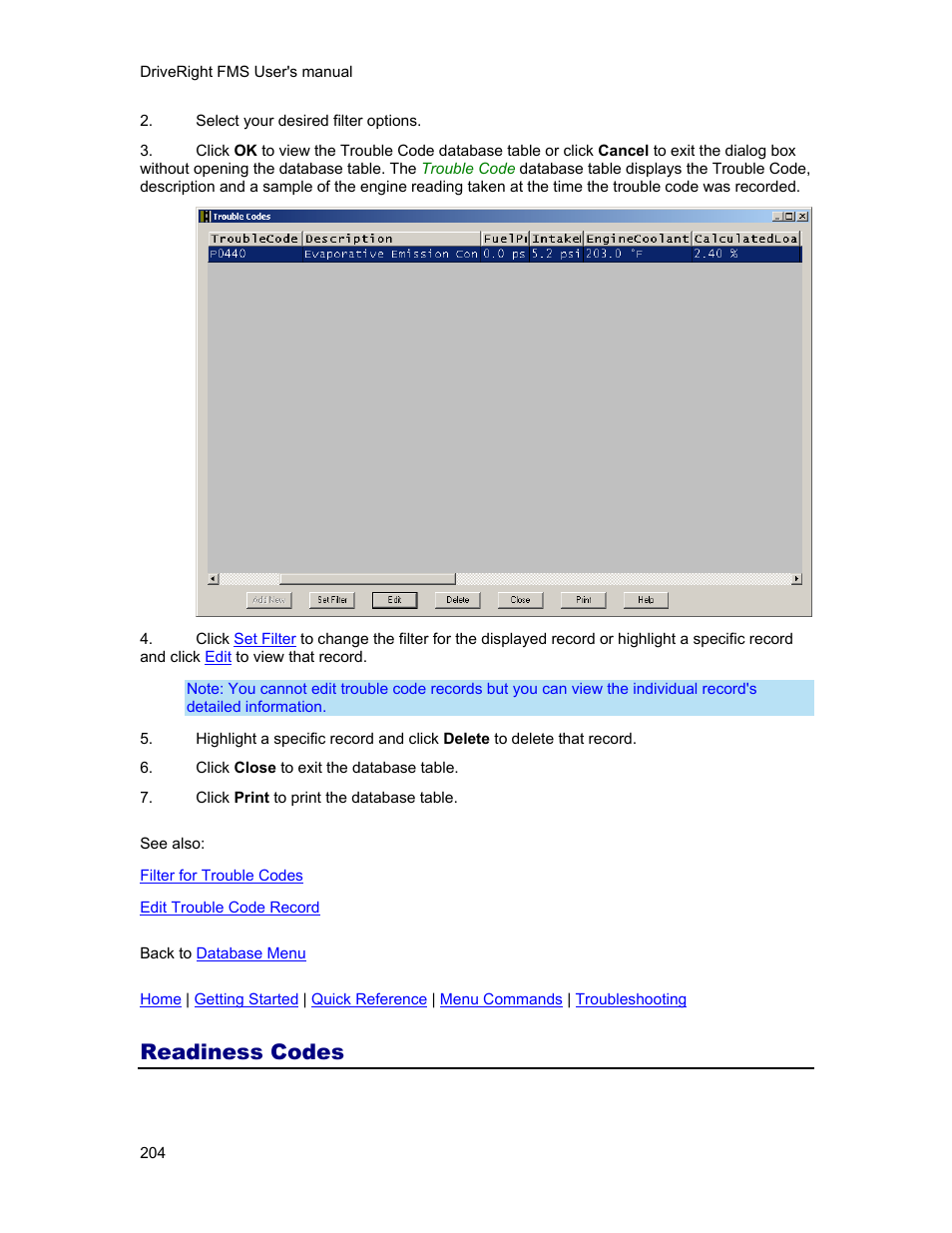 Readiness codes, Readiness code database, Allows y | DAVIS FMS 3.9.3 DriveRight (8186) User Manual | Page 216 / 286