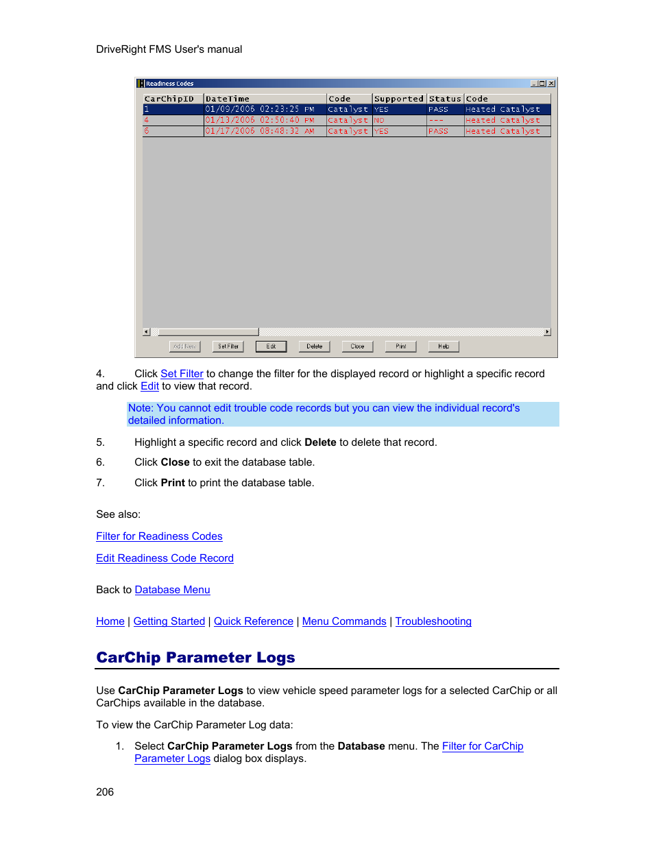 Carchip parameter logs, Databa, Carchip | Parameter logs, Yed in the | DAVIS FMS 3.9.3 DriveRight (8186) User Manual | Page 218 / 286