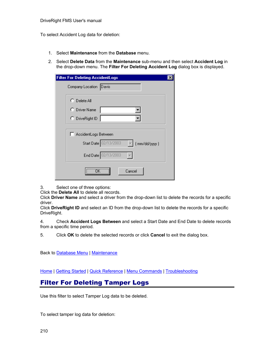Filter for deleting tamper logs, Tamper logs | DAVIS FMS 3.9.3 DriveRight (8186) User Manual | Page 222 / 286