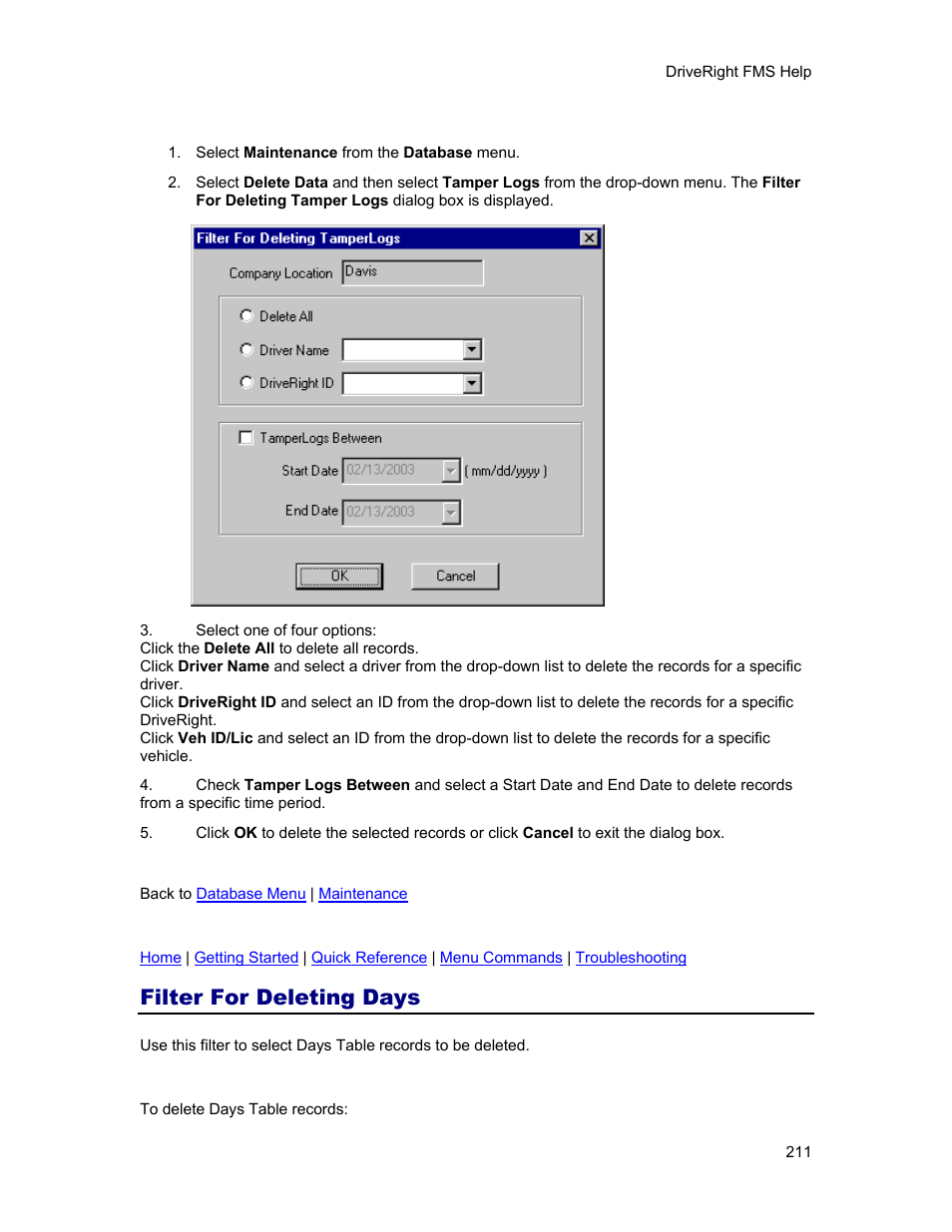 Filter for deleting days, Days | DAVIS FMS 3.9.3 DriveRight (8186) User Manual | Page 223 / 286