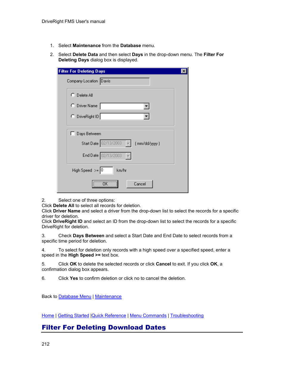 Filter for deleting download dates, Download dates | DAVIS FMS 3.9.3 DriveRight (8186) User Manual | Page 224 / 286