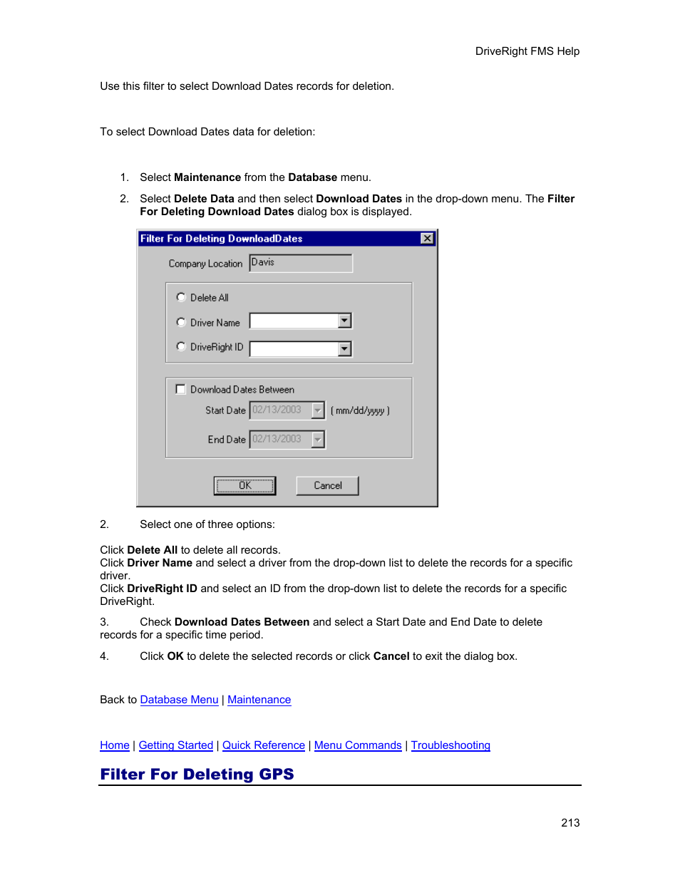 Filter for deleting gps | DAVIS FMS 3.9.3 DriveRight (8186) User Manual | Page 225 / 286