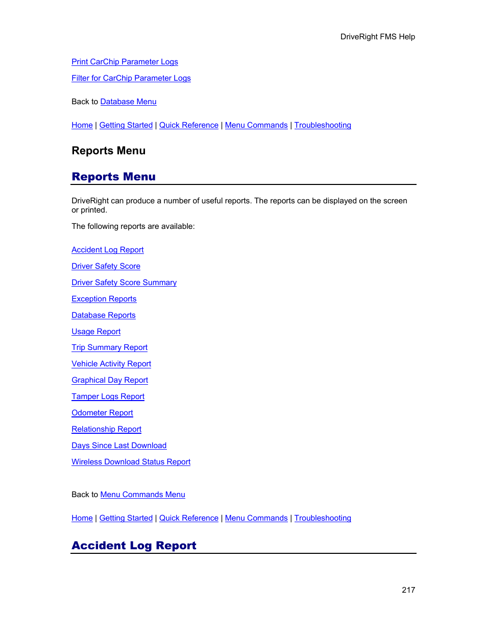 Reports menu, Accident log report | DAVIS FMS 3.9.3 DriveRight (8186) User Manual | Page 229 / 286