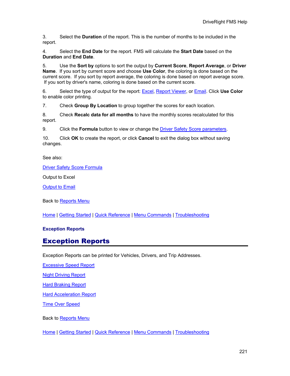 Exception reports | DAVIS FMS 3.9.3 DriveRight (8186) User Manual | Page 233 / 286