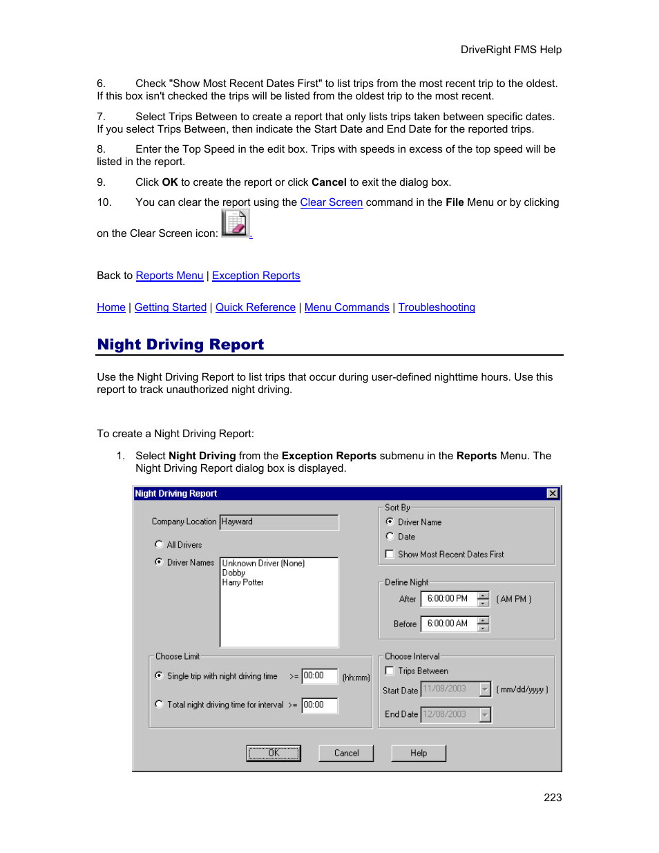Night driving report | DAVIS FMS 3.9.3 DriveRight (8186) User Manual | Page 235 / 286
