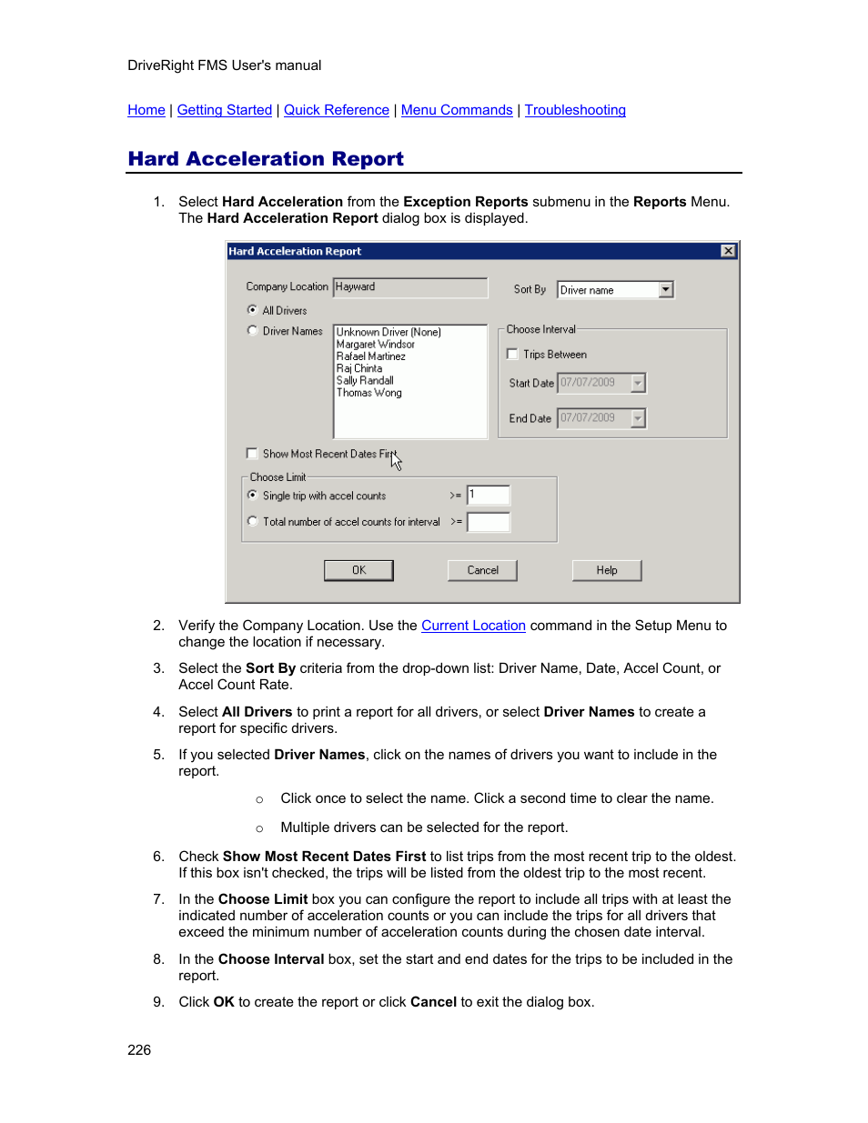 Hard acceleration report | DAVIS FMS 3.9.3 DriveRight (8186) User Manual | Page 238 / 286