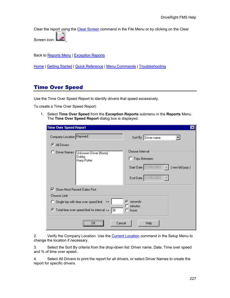 Time over speed, Time over speed limit exception report | DAVIS FMS 3.9.3 DriveRight (8186) User Manual | Page 239 / 286