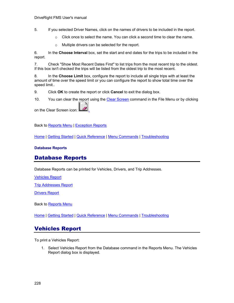 Database reports, Vehicles report | DAVIS FMS 3.9.3 DriveRight (8186) User Manual | Page 240 / 286