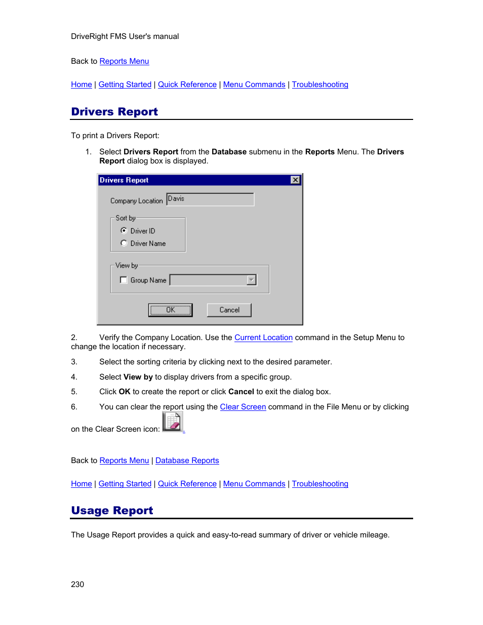 Drivers report, Usage report | DAVIS FMS 3.9.3 DriveRight (8186) User Manual | Page 242 / 286