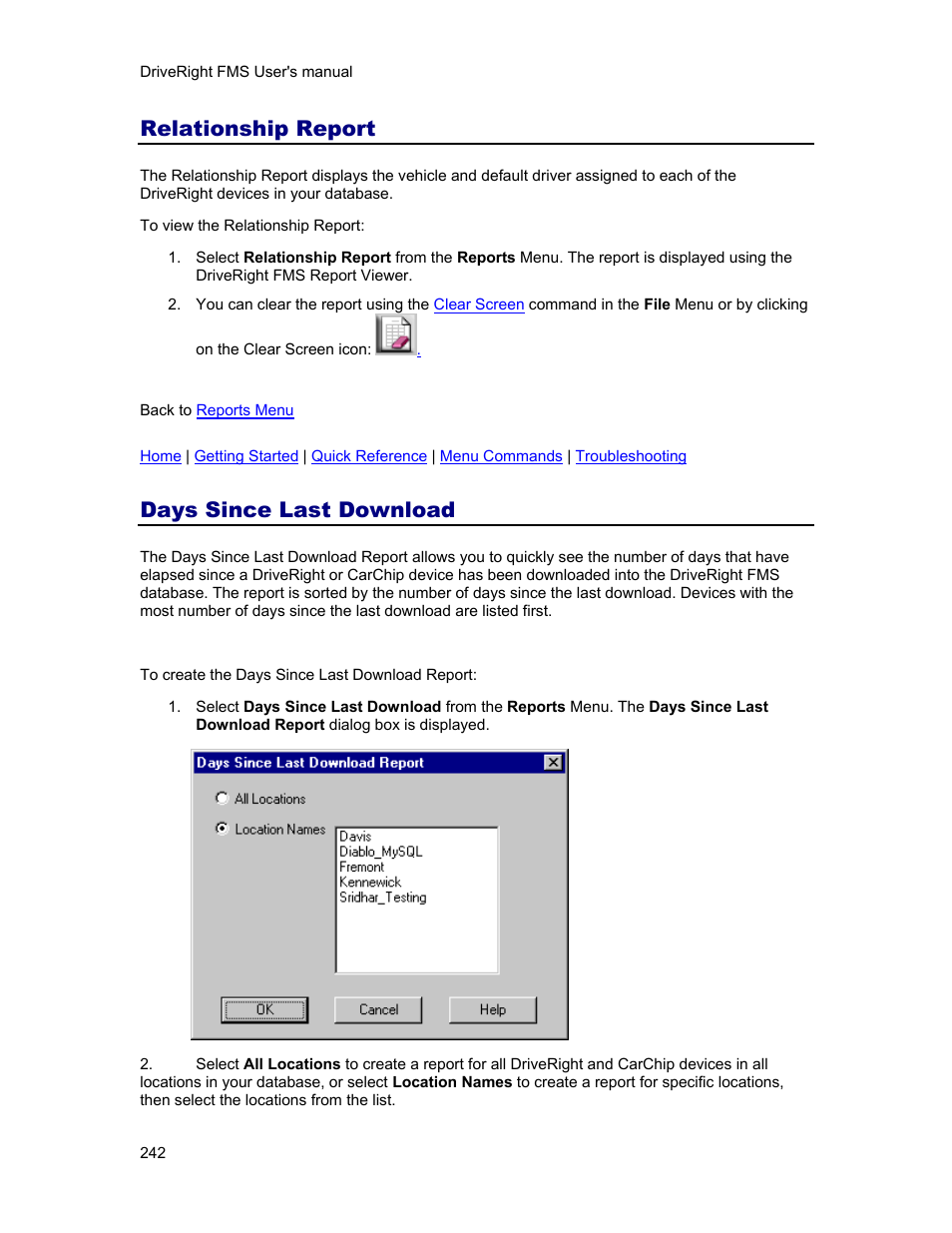 Relationship report, Days since last download, Days since last download report | DAVIS FMS 3.9.3 DriveRight (8186) User Manual | Page 254 / 286
